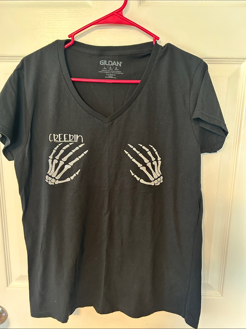 Gildan Black V-Neck Tee with Silver Skeleton Hand Print